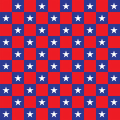 White stars on red and blue square pattern. 