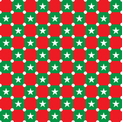 White stars and white dots on red and green square pattern. 