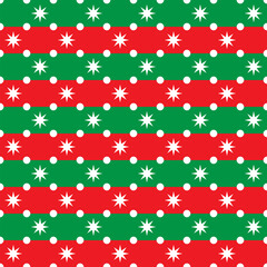 White stars pattern on red and green stripes background. Christmas color with snow flakes.
