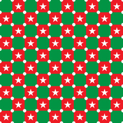 White stars on red and green squares pattern. Christmas theme colors pattern.