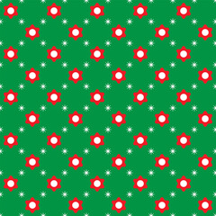Red flowers and white dots on green background. Christmas color pattern. 