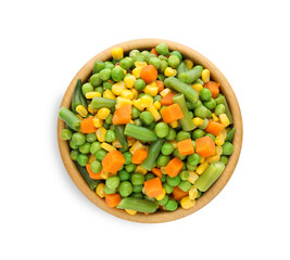 Mix of fresh vegetables in wooden bowl on white background, top view