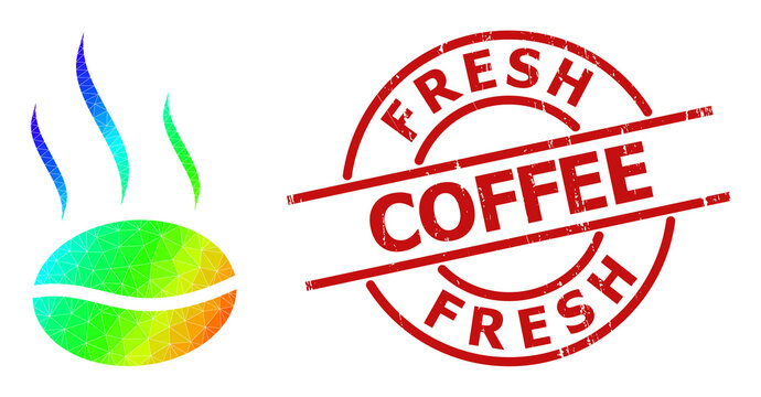 Fresh Coffee dirty stamp and lowpoly spectrum colored coffee aroma icon with gradient. Red seal includes FRESH COFFEE tag inside round and lines shape.