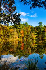Fall colors reflected on Spring Pond in Granby, Connecticut.