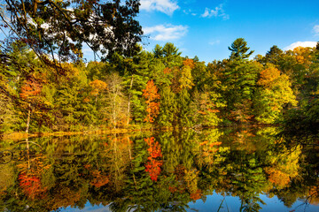 Fall colors reflected on Spring Pond in Granby, Connecticut.