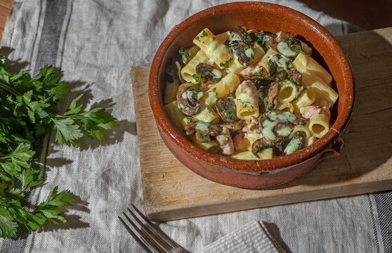 Rigatoni pasta boscaiola with sausage, cream and mushrooms in a terracotta bowl.
