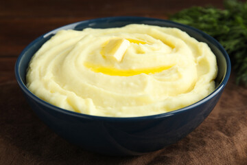 Freshly cooked homemade mashed potatoes on table, closeup