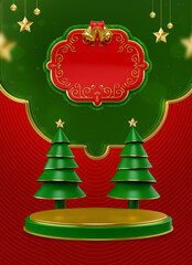 Banner Christmas composition with frame, stage and Christmas tree with red and green background. 3d render illustration.