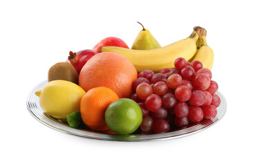 Fototapeta na wymiar Plate with fresh ripe fruits on white background