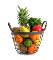 Fresh ripe fruits in metal basket on white background