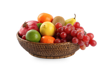 Fresh ripe fruits in wicker bowl on white background