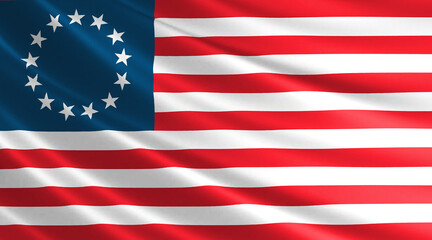 American Revolutionary War flag. Old American flag. The 13 stars and stripes. Land of the free and the home of the brave. Star-spangled.