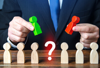 Businessman chooses a candidate for a vacancy. Hiring the best specialists in the company staff,...