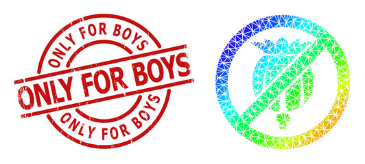 Only for Boys unclean stamp seal, and low-poly spectral colored forbid opium poppy icon with gradient. Red stamp seal contains Only for Boys caption inside circle and lines form.