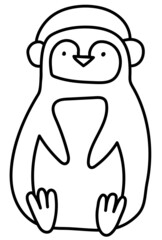 Hand drawn cartoon illustration of outline penguin with earmuff. Cute childish christmas doodle character. Flat vector winter animal sticker, icon or print. Isolated on white background.
