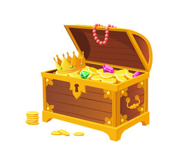 Royal treasures. Golden chest bin from cave with crown and jewellery cartoon vector - obrazy, fototapety, plakaty