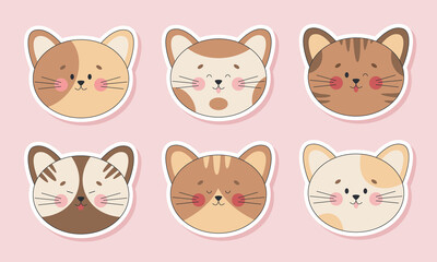 Set of cute cat heads stickers. Kawaii kitty faces with different emotions. Flat vector with an outline.