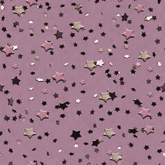 Seamless pattern with stars on pink background. Illustration for holidays decor, glistening wrapping paper. 3d render