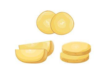 Sliced potatoes. Chopped into rings boiled baked or raw half potato in peel, vegan dishes, cooked products, cartoon vector illustration