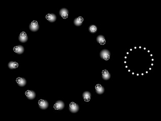 Obraz premium Glowing net dotted circle frame web icon with bright light spots. Illuminated model is created using dotted circle frame vector icon. Glowing carcass web polygonal dotted circle frame,