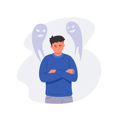 Sorrow teen man. Sadly boy with problems, stress or fear, vector