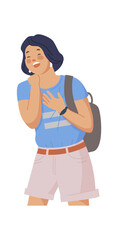 Fototapeta premium Student girl laughing. Giggle cheer people, teenage joking, stand adult woman, cartoon funny character, loud joke, person lol, vector illustration