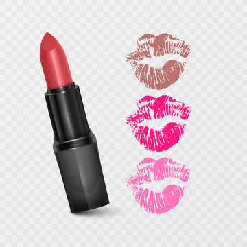 Set of color lipsticks. Red lipstick, pink lipstick, orange lipstick. Red lipstick set isolated on white background, vector format