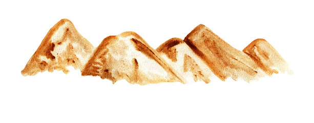 Watercolor horizontal background with hand painted landscape of desert dunes. Desert sand clip art.