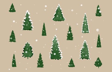 Set of isolated spruce, pine, christmas tree. Collection of Christmas decorations, holiday gifts, winter snowflakes background. Colorful watercolor Christmas illustration, Christmas greeting postcard.