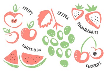 Grapes, apples, strawberries, cherries and watermelon hand painted with ink brush