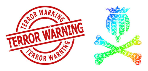 TERROR WARNING dirty stamp imitation and lowpoly spectral colored mortal opium icon with gradient. Red stamp seal has TERROR WARNING title inside circle and lines form.