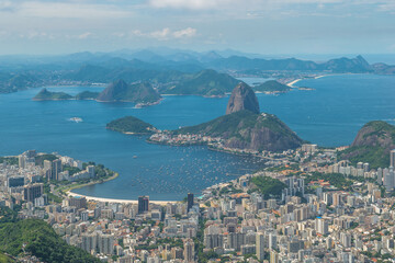 Fototapeta na wymiar Beautiful view of Rio de Janeiro and Sugar Loaf Mountain from a belvedere at Corcovado Mountain - Rio de Janeiro, Brazil