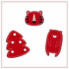 Christmas card with Christmas toys Christmas tree, bear, tiger. Red and white flat vector illustration isolated on white background.