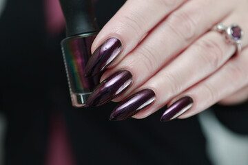 Female hand with long nails and dark purple manicure holds a bottle of nail polish