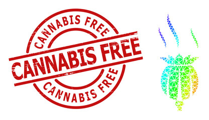 Cannabis Free scratched stamp imitation, and lowpoly spectral colored opium aroma icon with gradient. Red stamp includes Cannabis Free tag inside round and lines shape. - obrazy, fototapety, plakaty