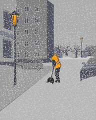 The janitor cleans the snow in the early morning. Vector illustration.