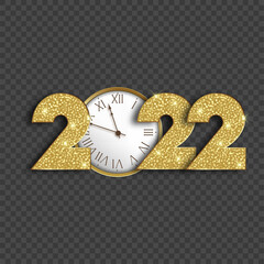 Happy New 2022 Year card with golden text and clock on transparent background. Vector illustration.