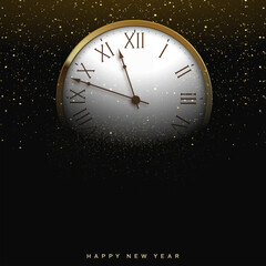 Fototapeta na wymiar Happy New Year card with shiny gold watch on black. Vector.