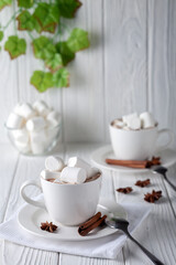 Obraz na płótnie Canvas Mug with hot chocolate and marshmallows on wooden table