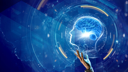 3d illustration. Hand touches digital head with brain. Science. Futuristic.