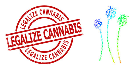 Legalize Cannabis dirty stamp and lowpoly spectrum colored poppy plants icon with gradient. Red stamp includes Legalize Cannabis tag inside circle and lines form.