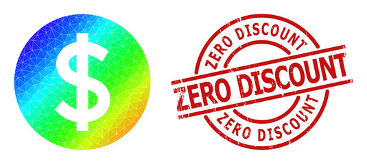 Obraz premium Zero Discount corroded stamp, and low-poly spectrum colored price icon with gradient. Red stamp seal includes ZERO DISCOUNT tag inside circle and lines form.