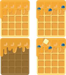 Set of waffles drawn in minimalist style, with blue berries, butter, maple syrup and honey. Regular and chocolate. Sweet cafe or restaurant dessert. 