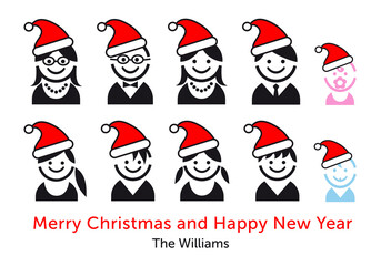 Family icons with Santa hat, for Christmas cards, vector set