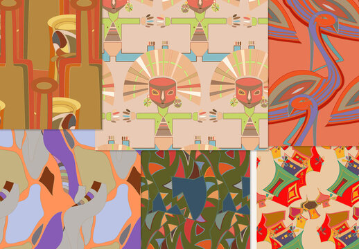 Set of Abstract Seamless Patterns with Cubism Art Elements and Graffiti Wall Style