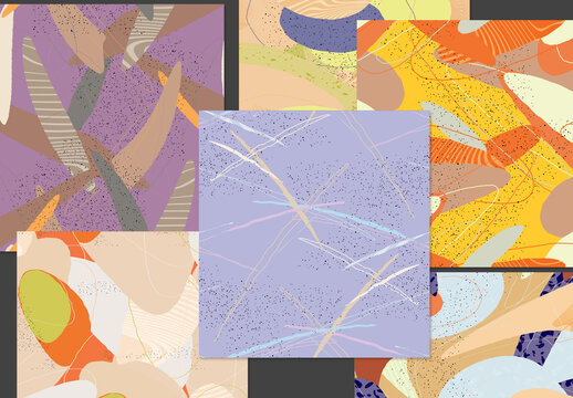 Seamless Pattern Set with Organic Grunge Textured Overlapping Oval Wavy Shapes and Lines