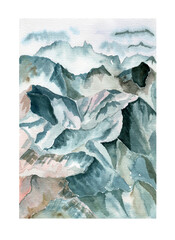 Watercolor vertical background with mountains in a fog. Watercolor hand painted landscape of high resolution.