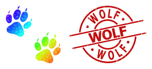 Wolf rubber stamp seal, and lowpoly rainbow colored tiger fingerprints icon with gradient. Red stamp seal contains WOLF text inside round and lines template.