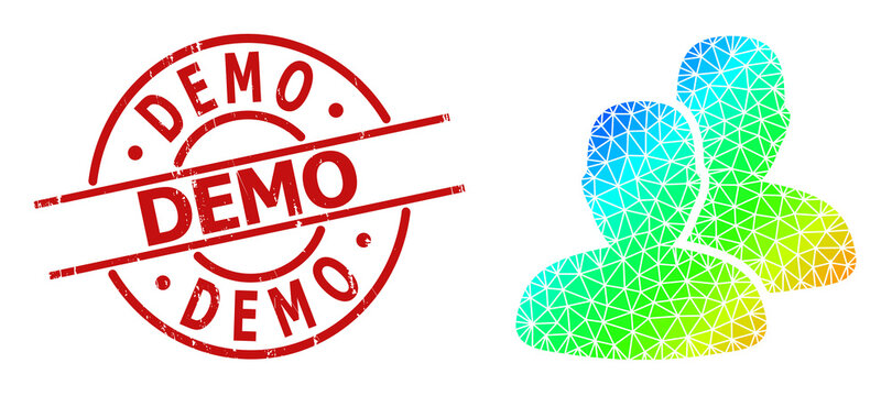 Demo corroded stamp and low-poly spectrum colored users icon with gradient. Red stamp seal includes Demo tag inside round and lines template. Triangulated users polygonal 2d illustration.