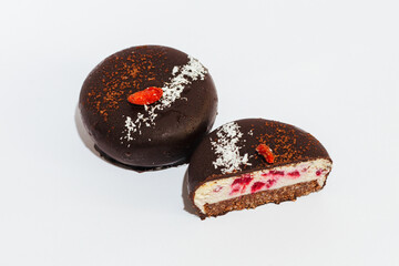 Sweet chocolate cake on white background. Homemade bakery. Delicious and sweet cake for Valentines or birthday party.